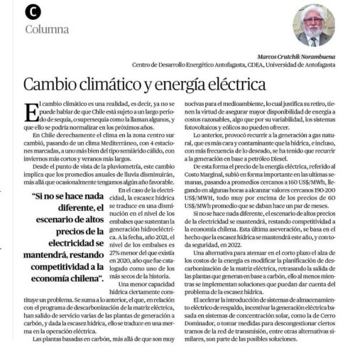Columna de Opinión: Cambio Climático y Energía Eléctrica.