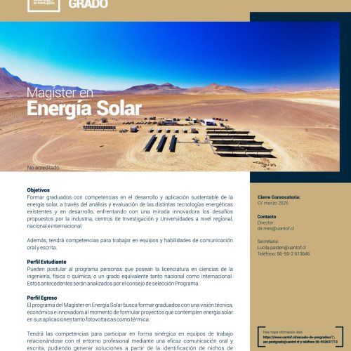 Universidad de Antofagasta abrió periodo de postulaciones al Magíster en Energía Solar para ingreso 2026